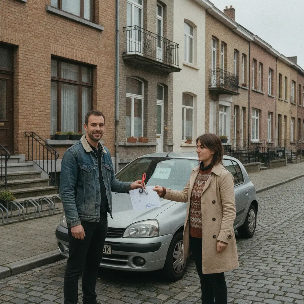 Remise des clés et d'un contrat de vente devant une voiture d'occasion