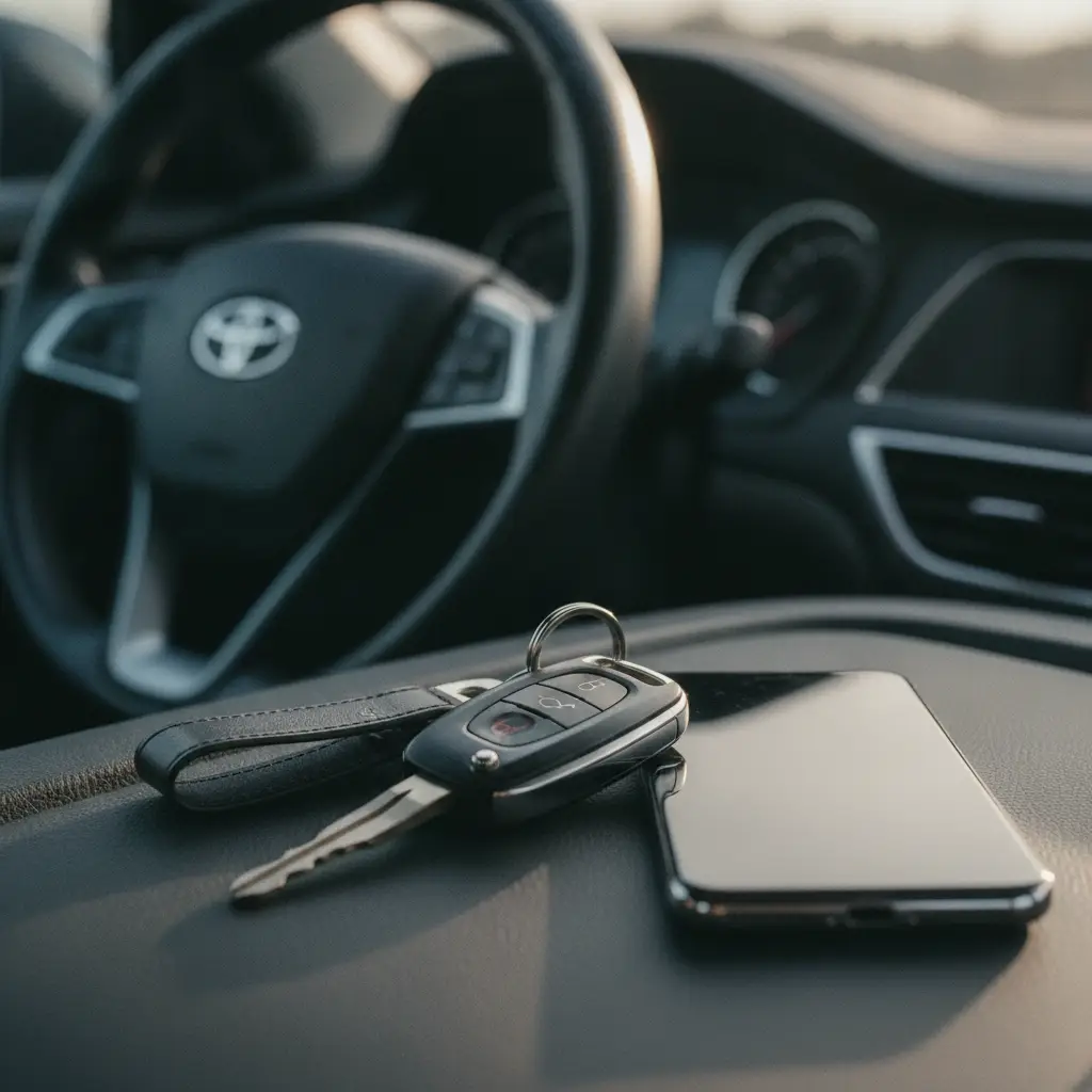 Cles de voiture et smartphone poses sur le tableau de bord pres du volant