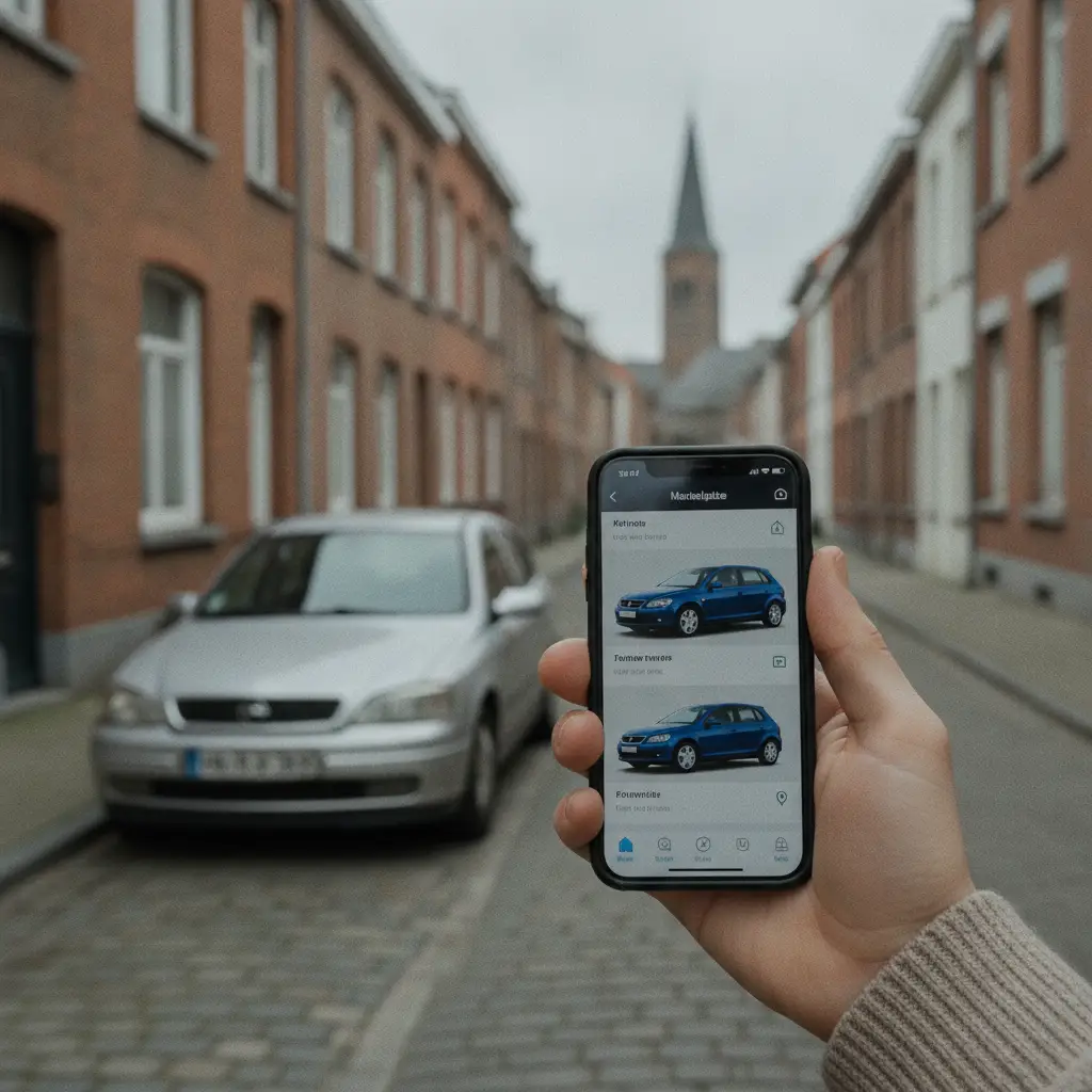Main tenant un smartphone affichant une annonce de voiture, vehicule visible en arriere-plan dans une rue belge