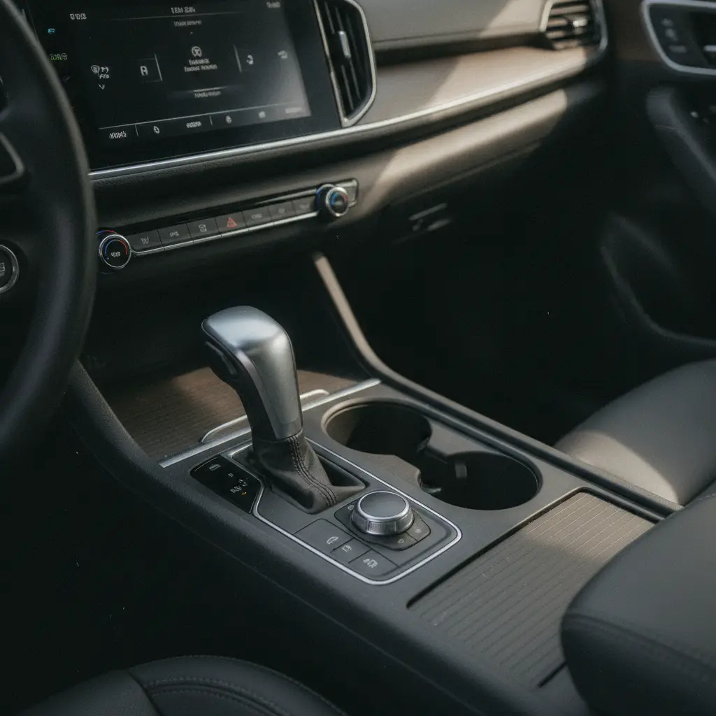 Levier de vitesses et console centrale d'une boîte automatique dans une voiture d'occasion récente