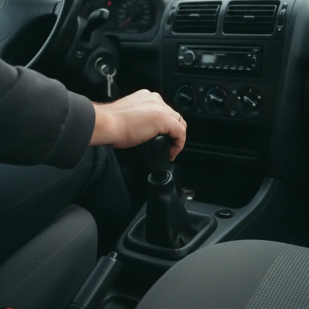 Main d'un conducteur sur le levier d'une boîte manuelle dans une voiture d'occasion