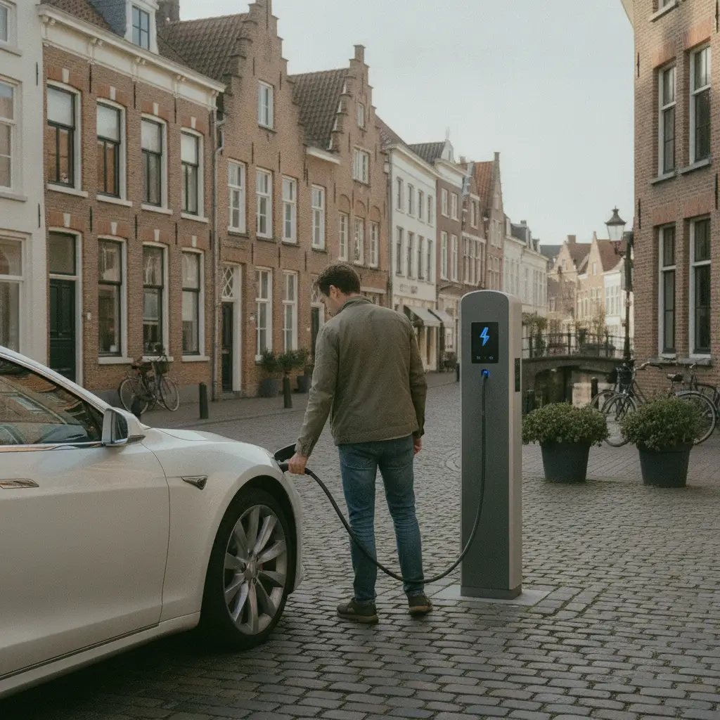 Personne branchant un cable de recharge sur une voiture electrique a une borne publique en Flandre