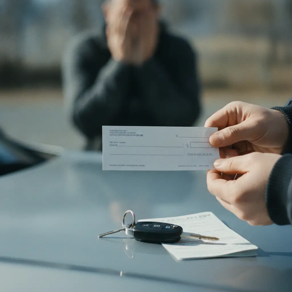 Vendeur remettant les cles de sa voiture en echange d'un cheque, acheteur inquiet en arriere-plan