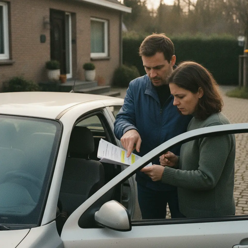 Un vendeur et un acheteur discutent d'une clause du contrat de vente devant une voiture d'occasion