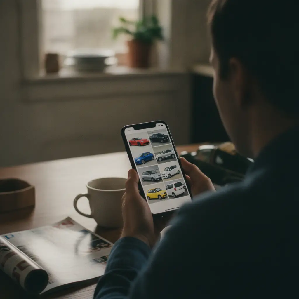 Acheteur consultant une grille de photos de voitures sur son smartphone