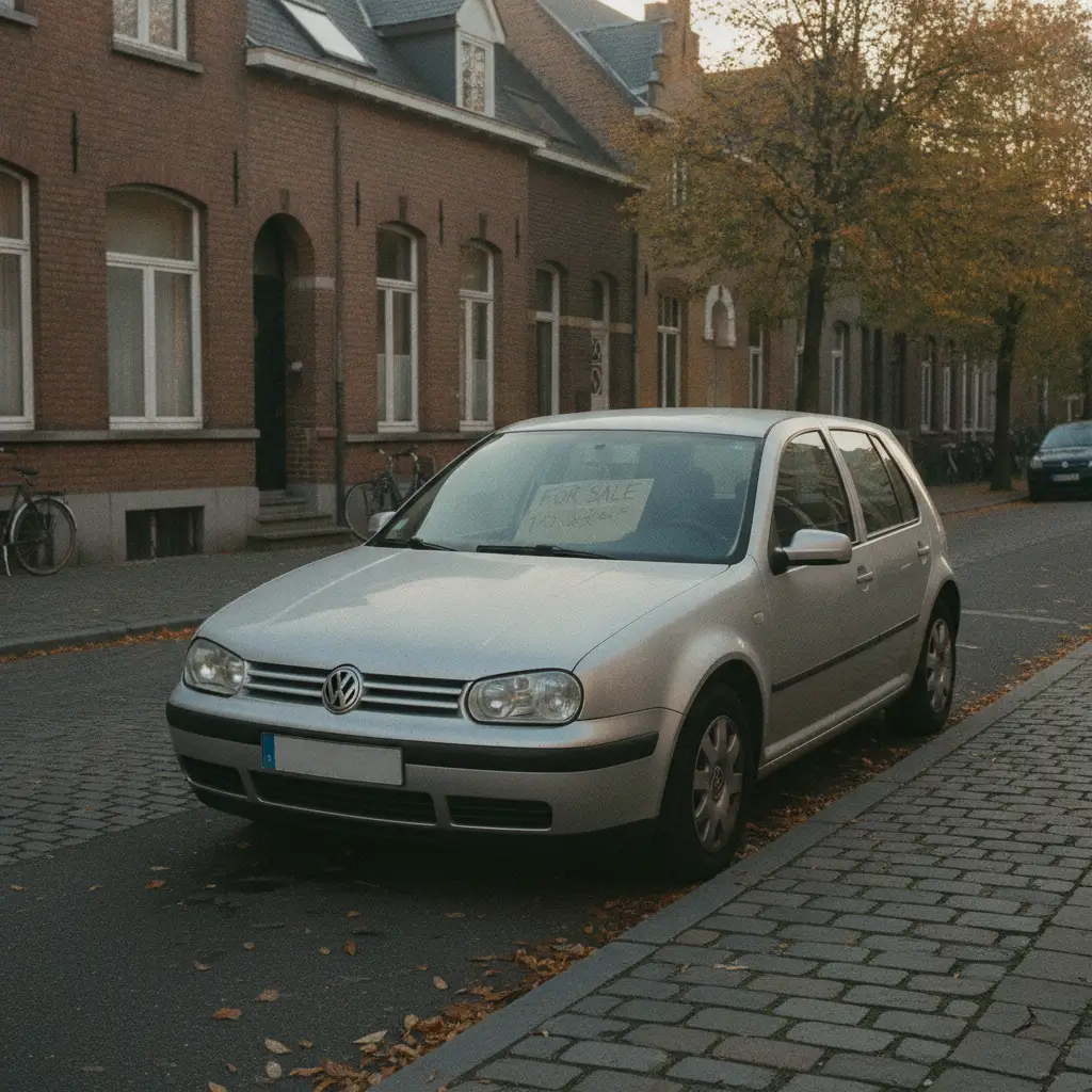Voiture d'occasion à vendre garée dans une rue belge avec un panneau à vendre