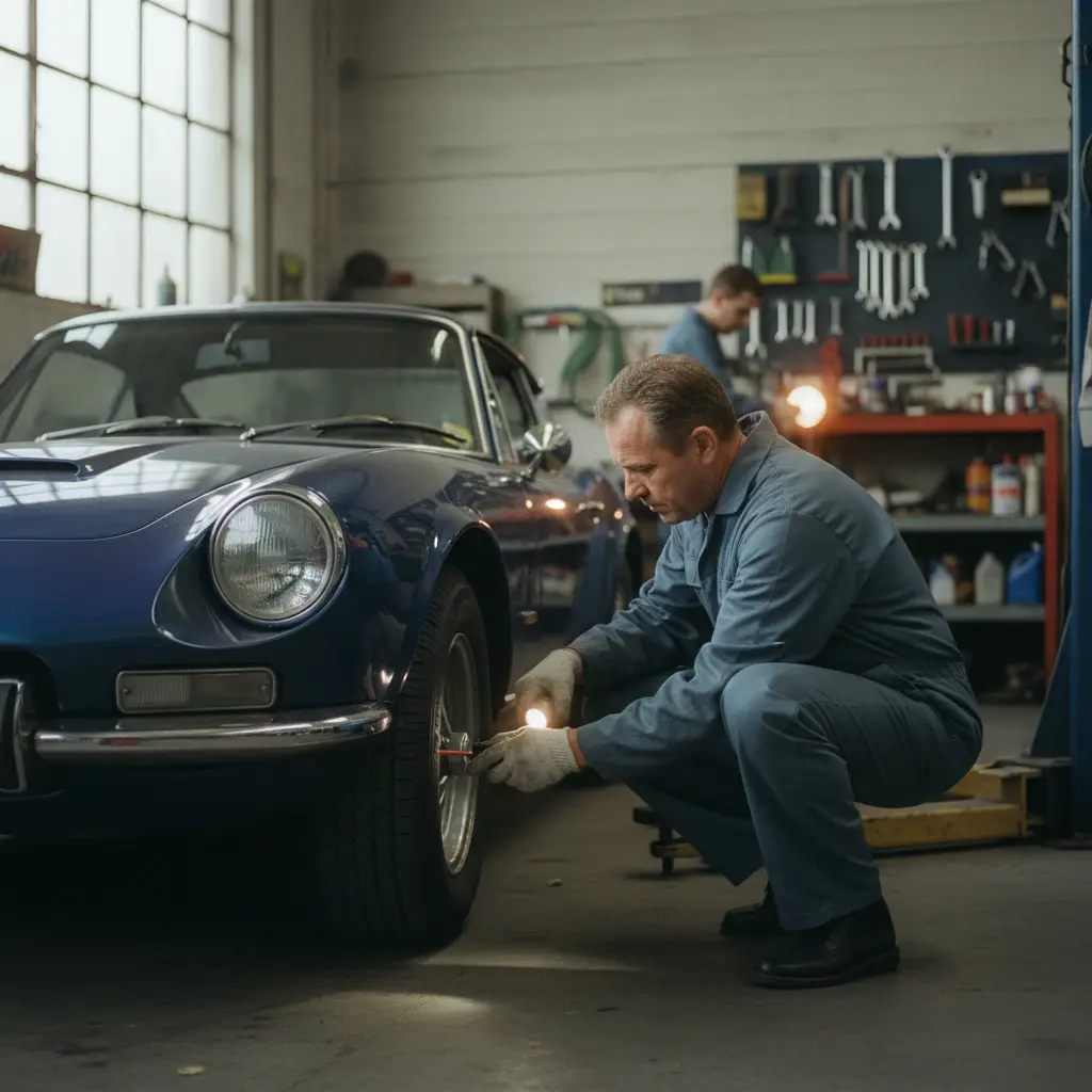 Mecanicien inspectant les freins et les feux d'une voiture avant le controle technique en Belgique