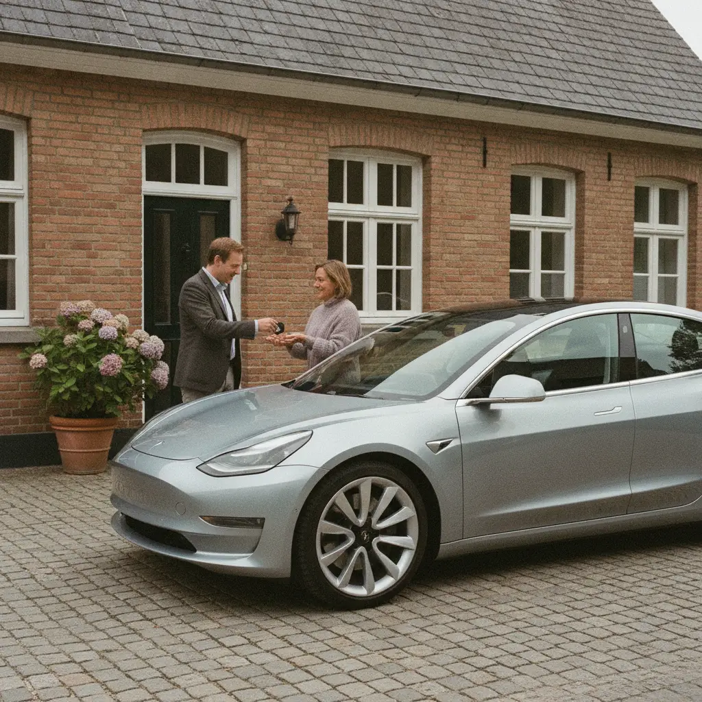 Remise des cles d'une voiture en leasing devant une maison en Belgique