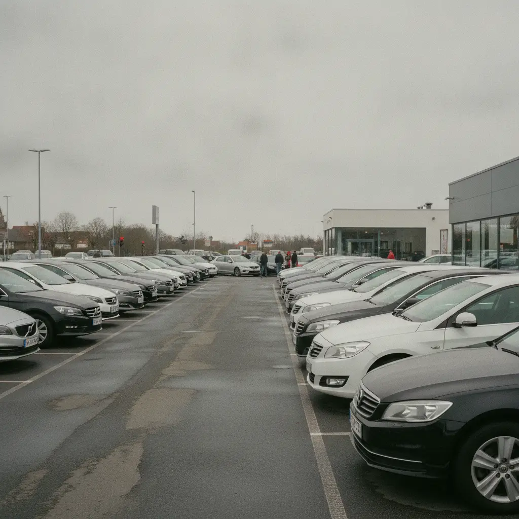 Rangee de voitures d'occasion grises, noires et blanches garees sur un parking de concessionnaire en Belgique