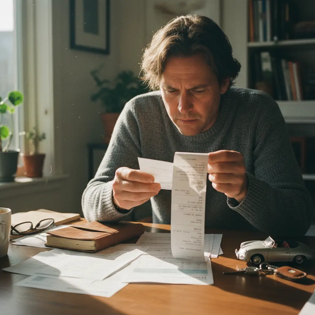 Factures et documents d'entretien automobile sur un bureau
