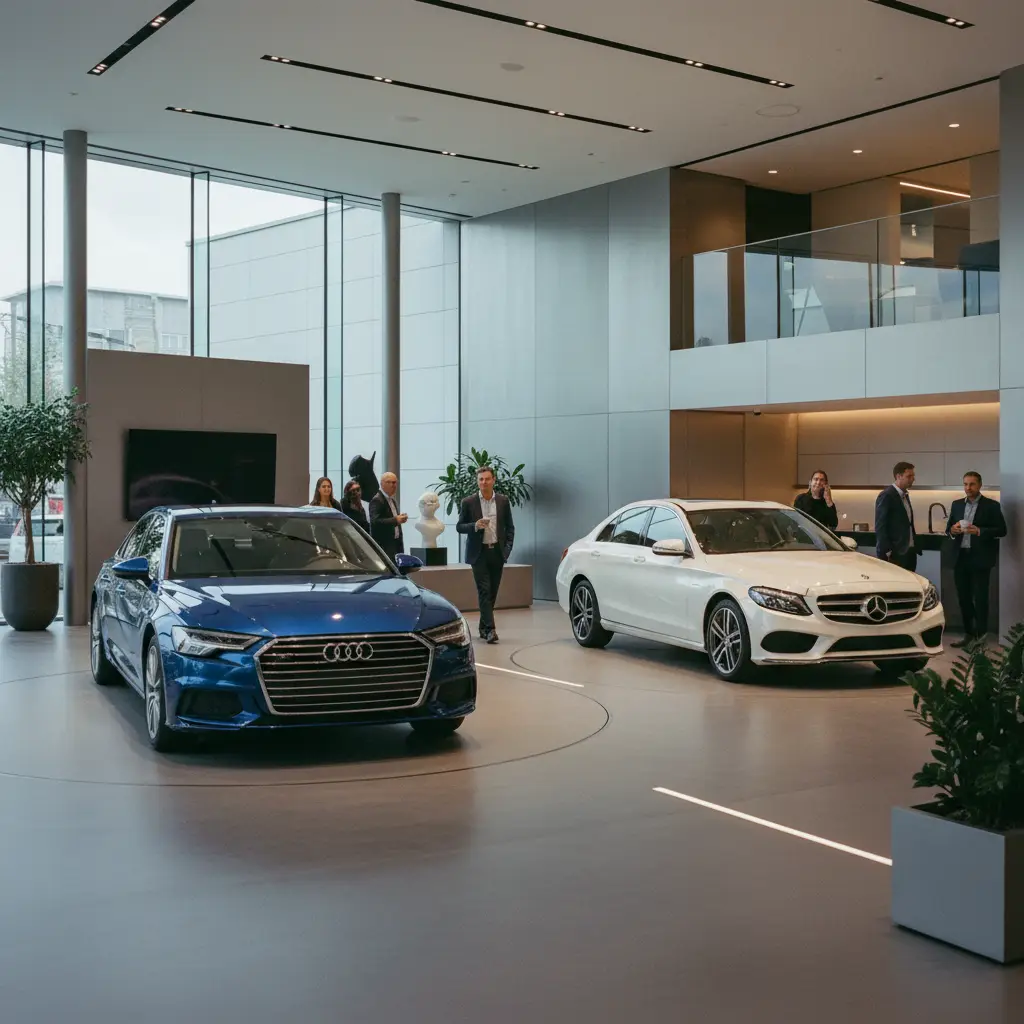 Showroom de concession premium avec des voitures allemandes exposées sous un éclairage doux
