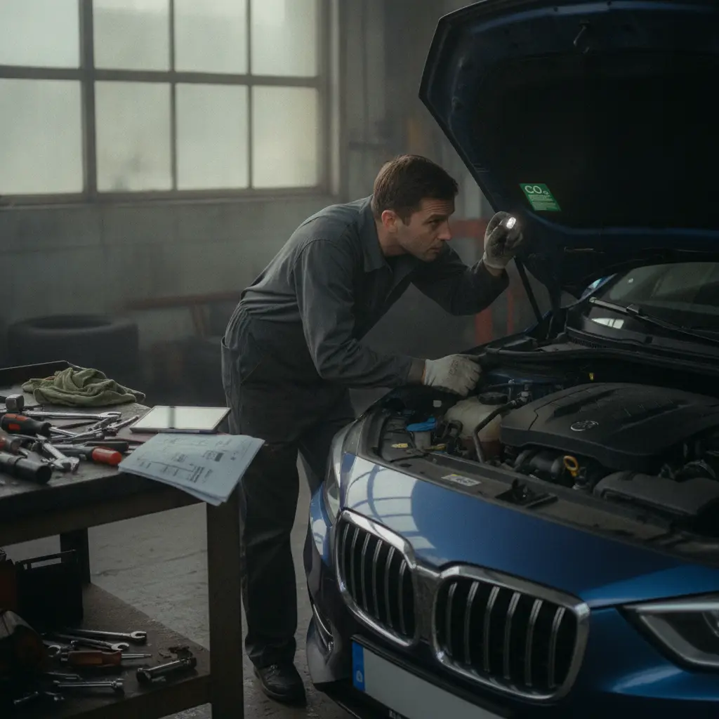Mecanicien verifiant l'etiquette d'emission CO2 sous le capot d'une voiture dans un garage