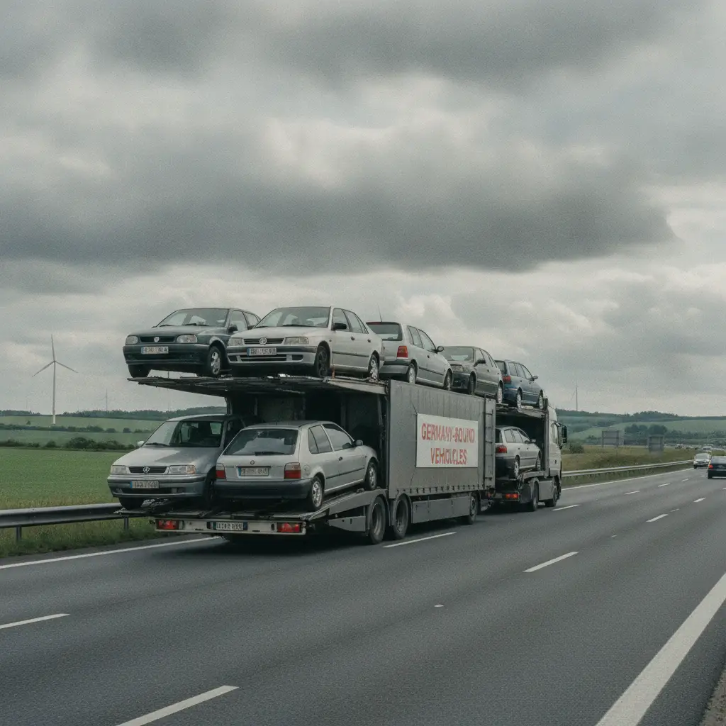 Camion de transport chargé de voitures d'occasion en direction de l'Allemagne sur une autoroute européenne