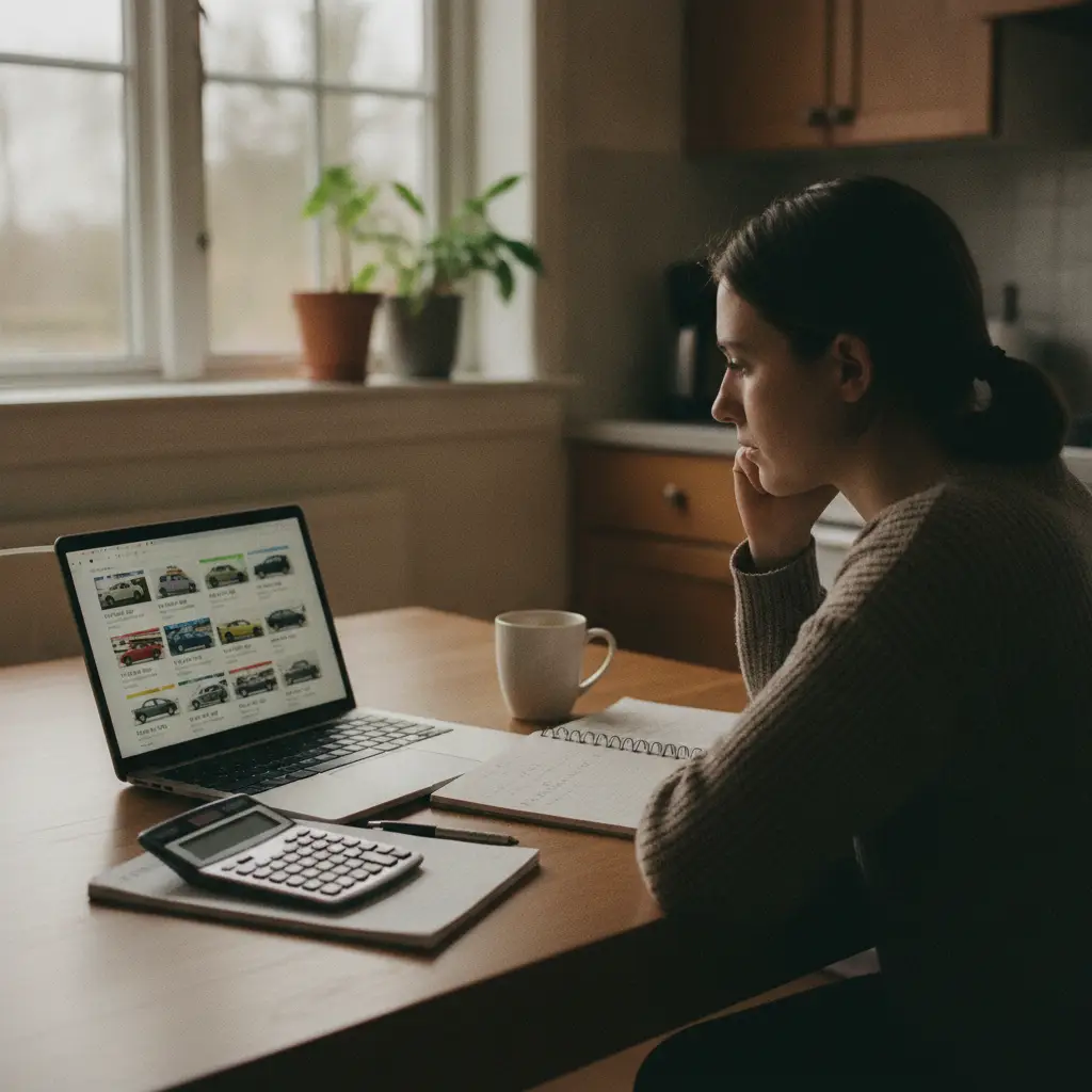 Personne comparant des annonces de voitures et leurs prix sur un ordinateur portable