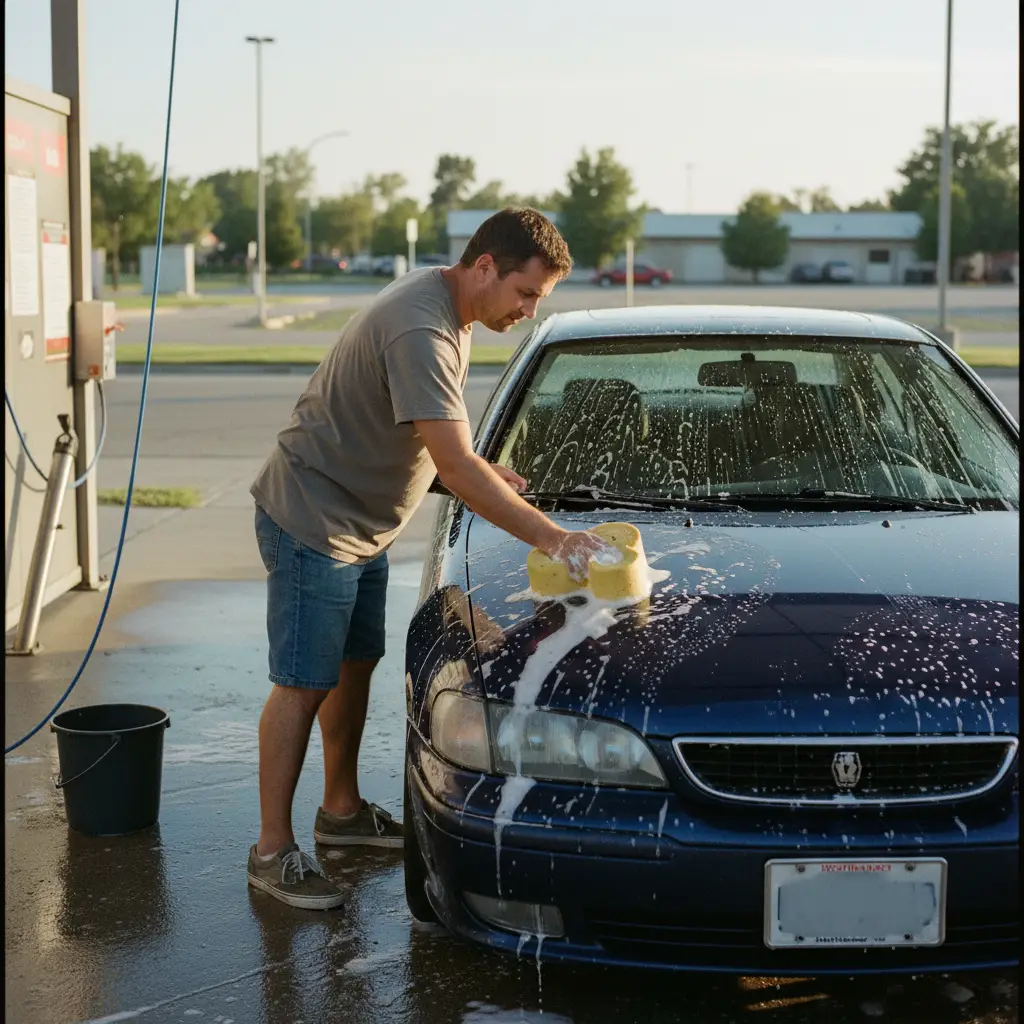 Homme lavant sa voiture avant le contrôle technique