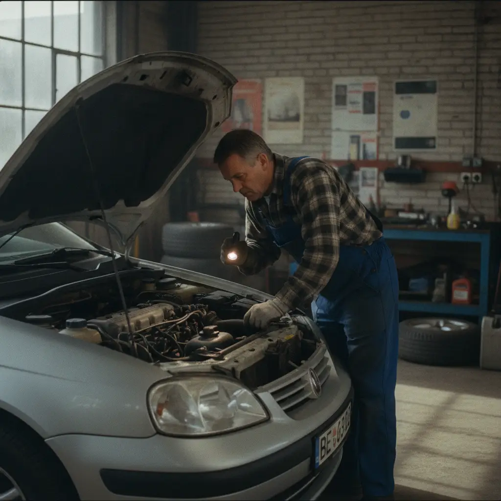 Mécanicien inspectant le moteur d'une voiture d'occasion dans un garage en Belgique