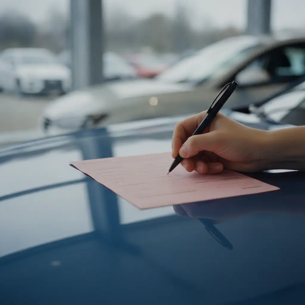 Formulaire rose de demande d'immatriculation rempli au stylo sur le capot d'une voiture d'occasion