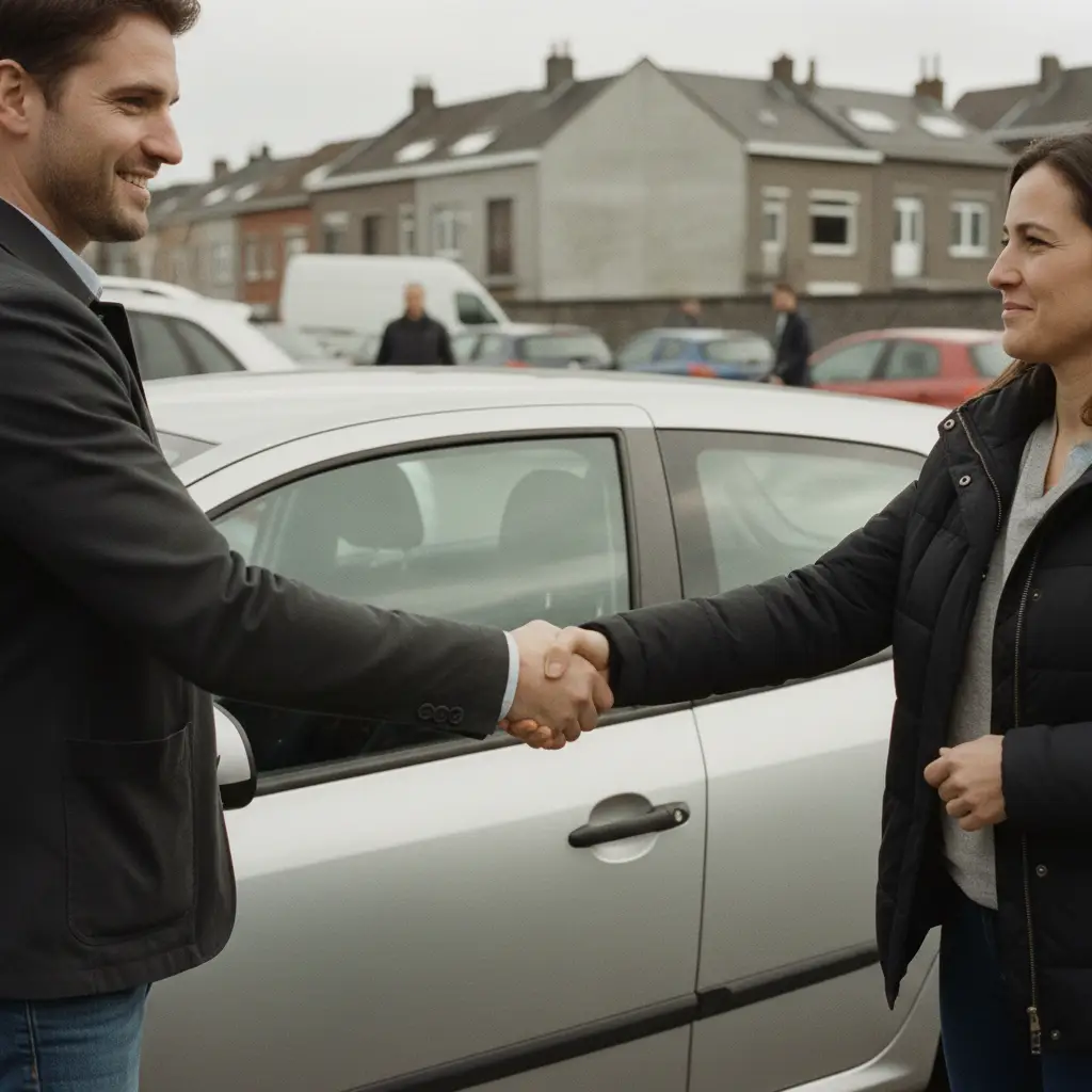 Poignée de main entre acheteur et vendeur de voiture d'occasion en Belgique