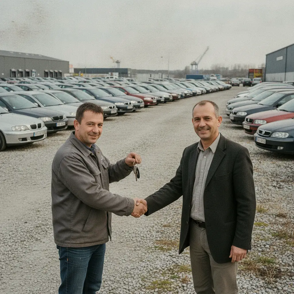 Grossiste export remettant les cles d'une voiture d'occasion a un vendeur sur un parc de vehicules