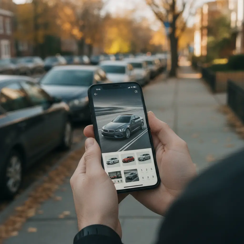 Mains tenant un smartphone parcourant des annonces automobiles dans la rue