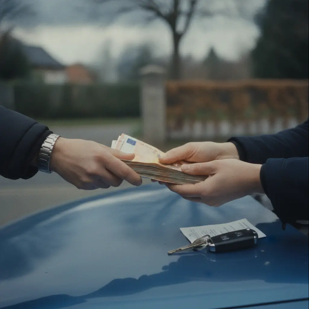 Remise d'une liasse de billets en euros pour l'achat d'une voiture, main a main devant le capot du vehicule