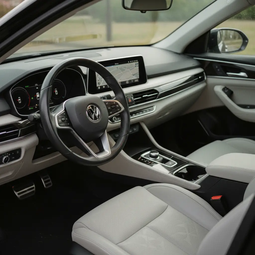 Intérieur d'une voiture propre photographié pour une annonce, tableau de bord et sièges