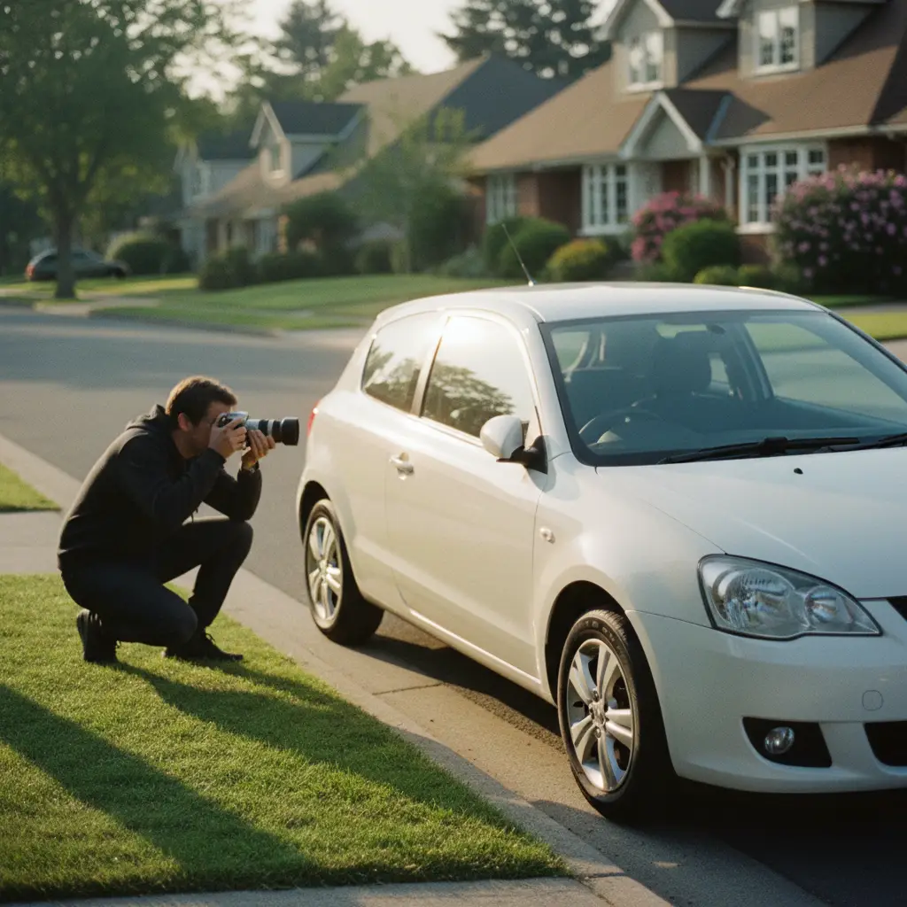 Personne photographiant une voiture blanche pour une annonce automobile