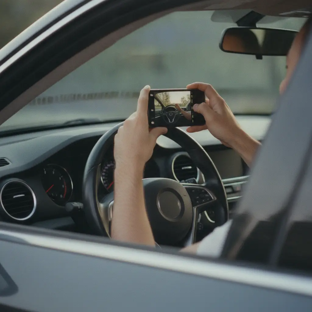 Personne photographiant le tableau de bord et le volant d'une voiture depuis la portiere ouverte