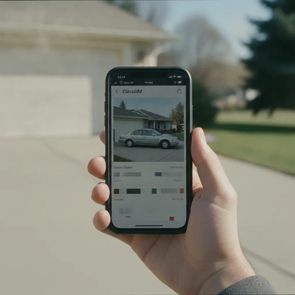 Main tenant un smartphone affichant une annonce de voiture d'occasion en plein air