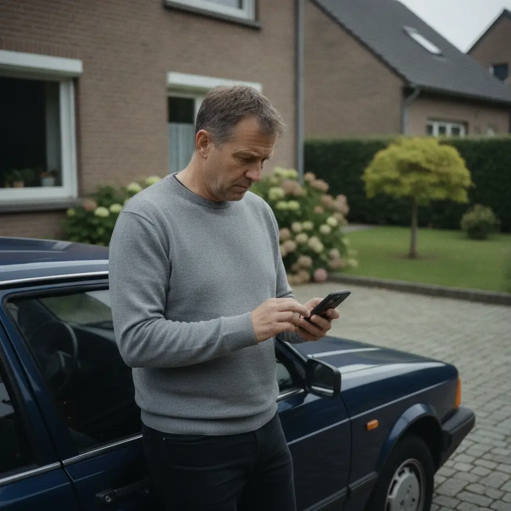 Vendeur inquiet regardant son telephone pres de sa voiture apres un virement qui n'arrive pas
