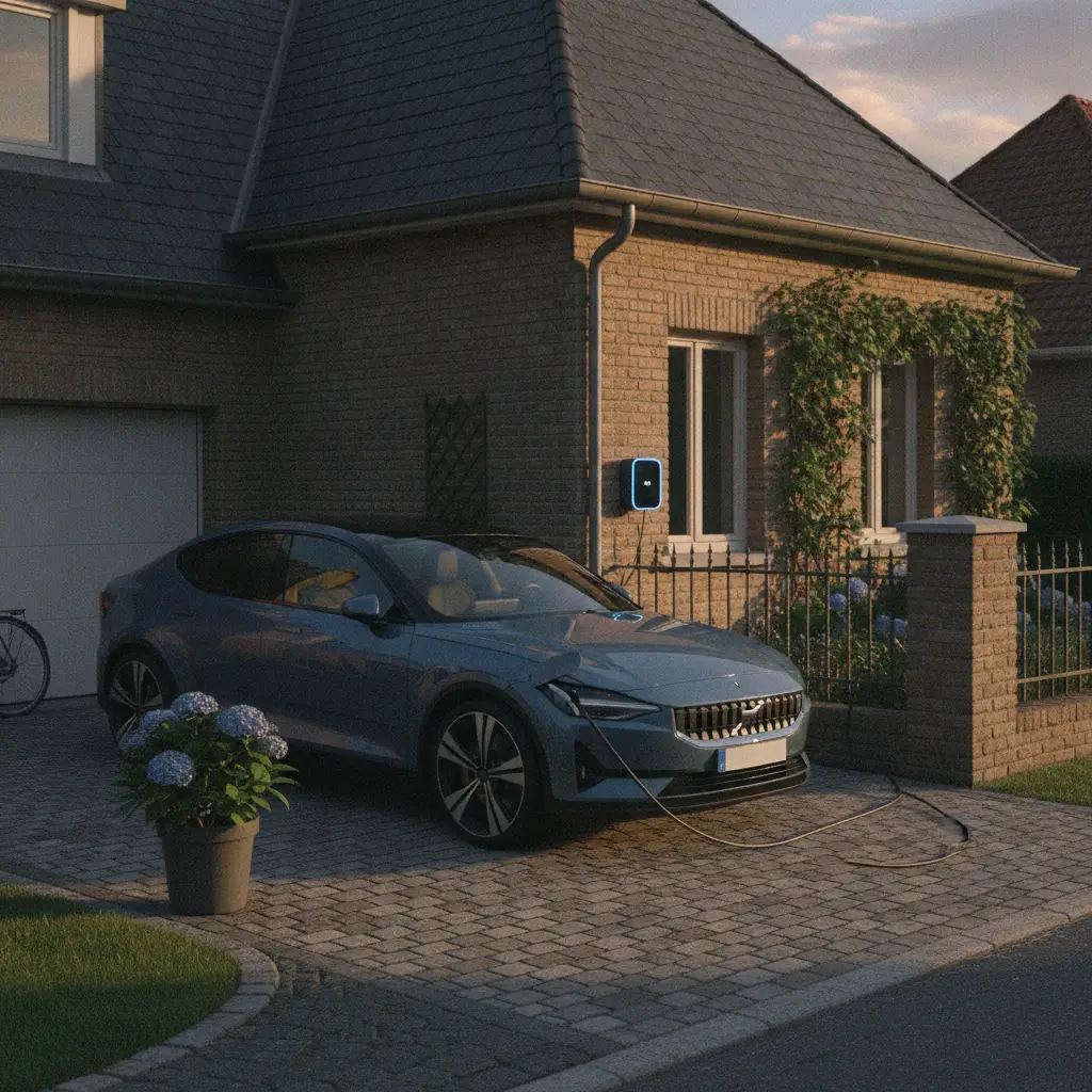 Voiture electrique branchee sur une borne de recharge a domicile en Belgique