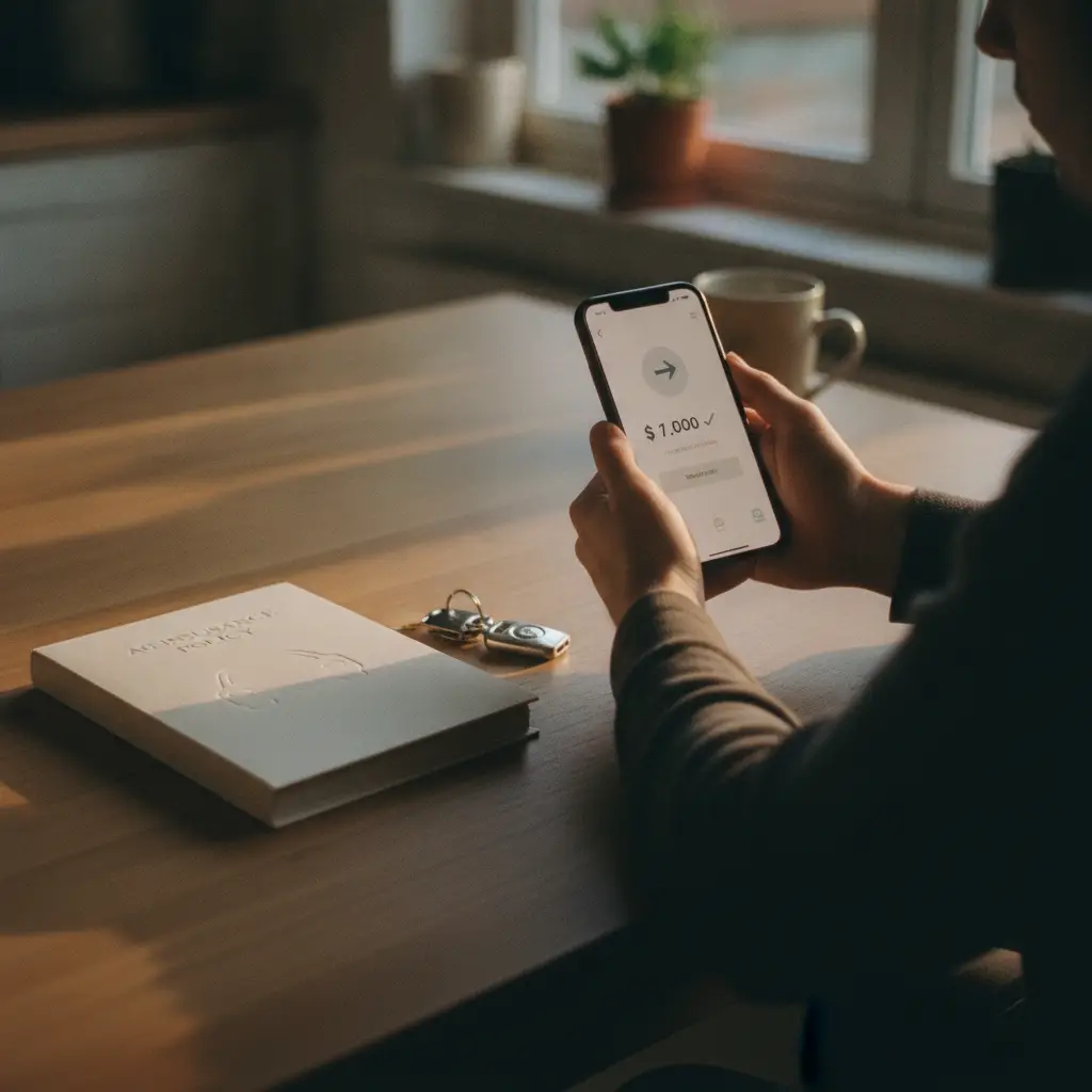 Personne consultant une notification de virement bancaire sur son smartphone a cote d'un dossier d'assurance auto