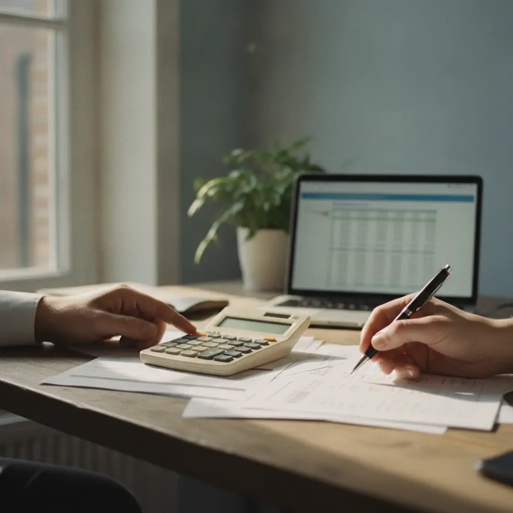 Personne calculant le remboursement de sa prime d'assurance auto avec une calculatrice et des documents sur un bureau