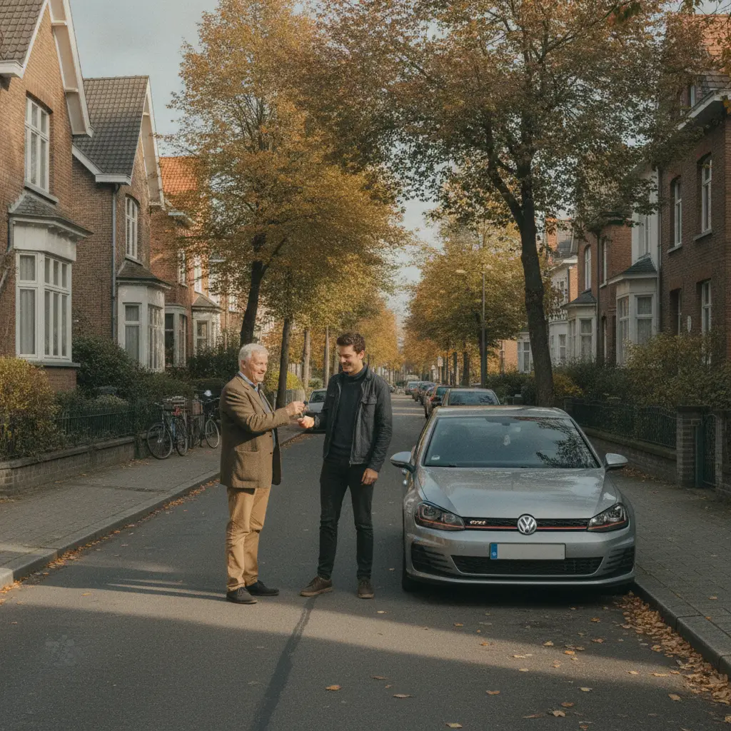 Remise des clés d'une voiture d'occasion à l'acheteur dans une rue résidentielle belge