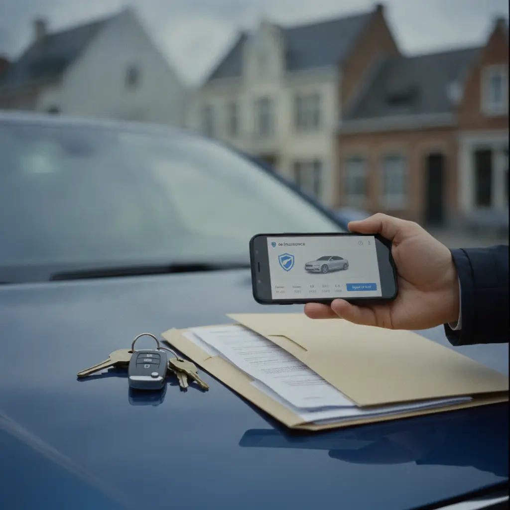 Main tenant un smartphone affichant une application d'assurance auto pres de cles de voiture et de documents