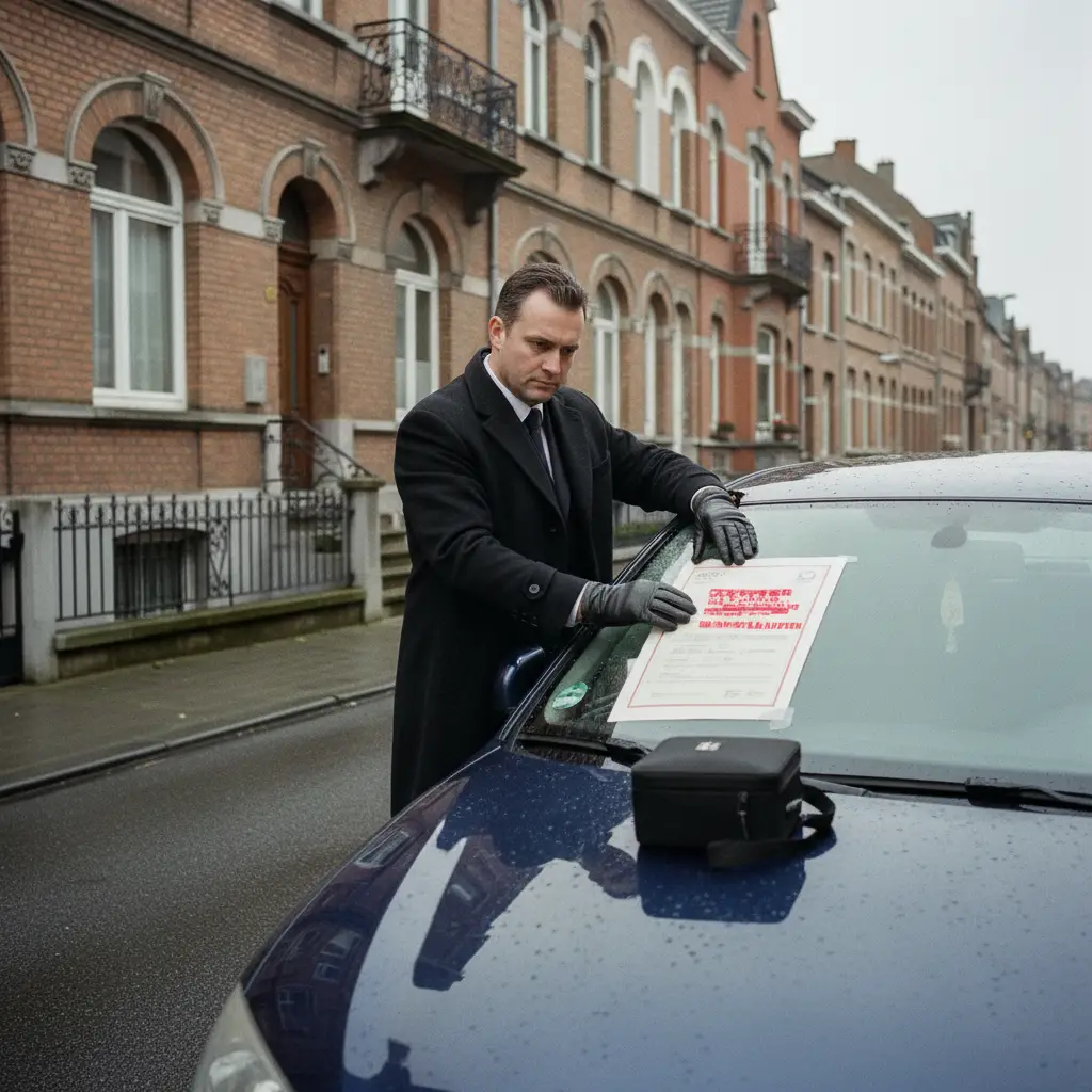 Huissier placant un avis de saisie officiel sur le pare-brise d'une voiture dans une rue residentielle belge
