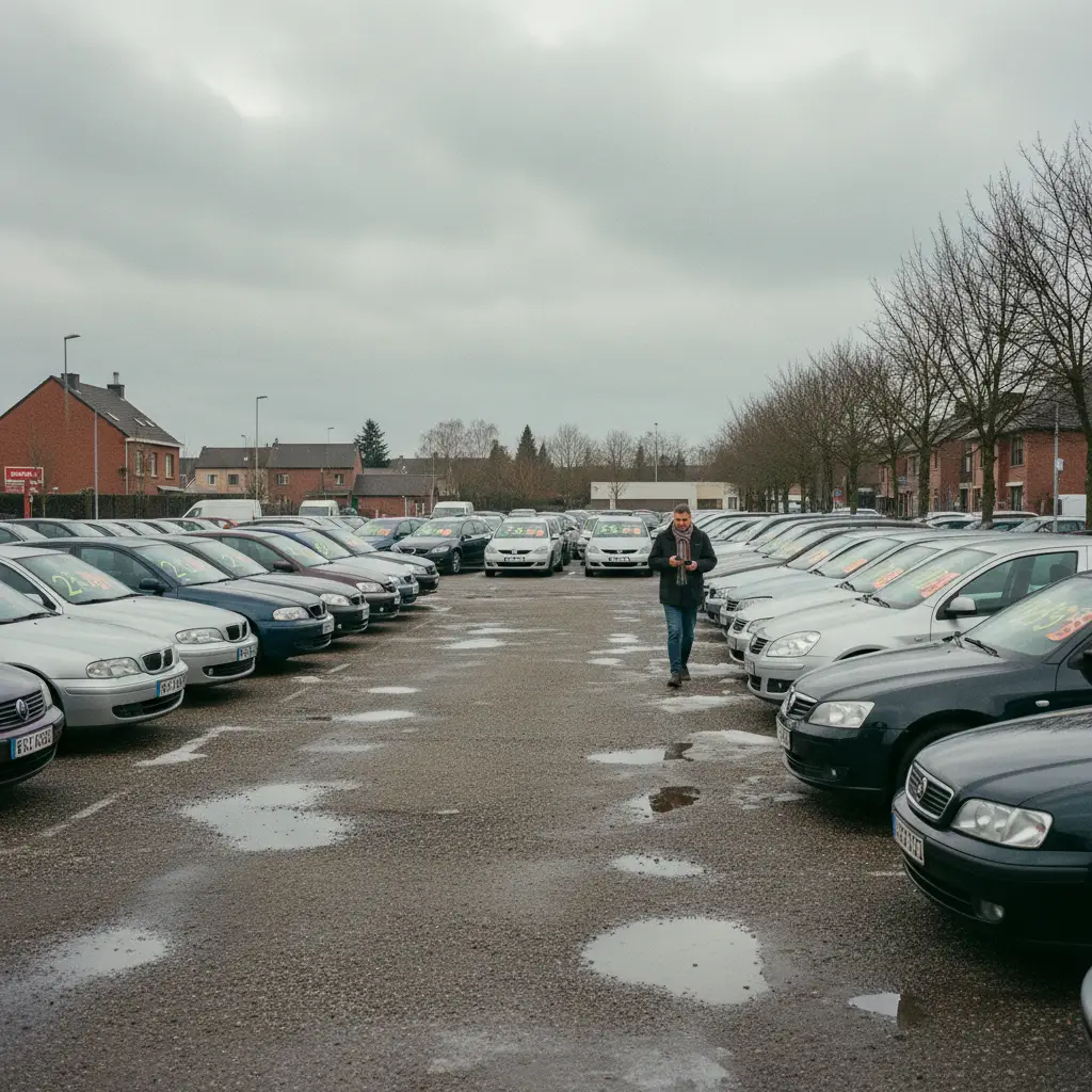 Parking de voitures d'occasion chez un concessionnaire belge par temps couvert