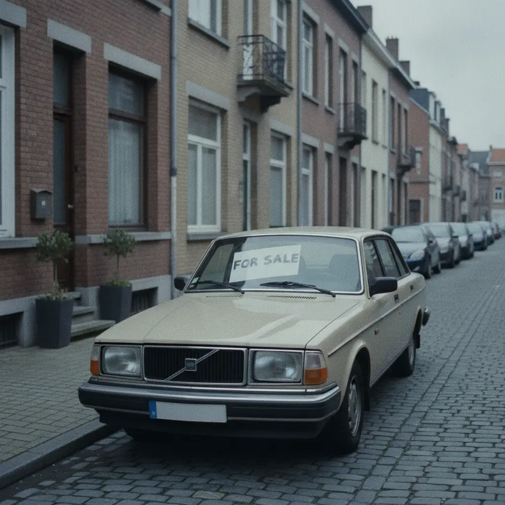 Voiture d'occasion garee dans une rue residentielle belge avec un panneau a vendre visible