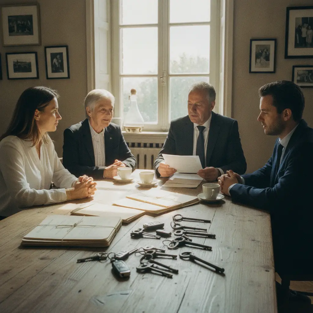 Famille belge avec un notaire discutant de documents de succession et des cles d'une voiture