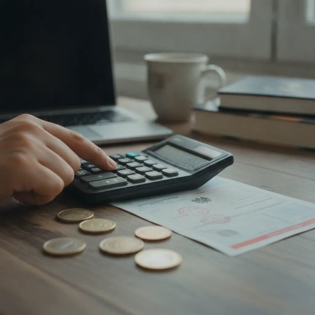 Calculatrice, document de carte grise et pieces en euros sur un bureau pour calculer la taxe de circulation