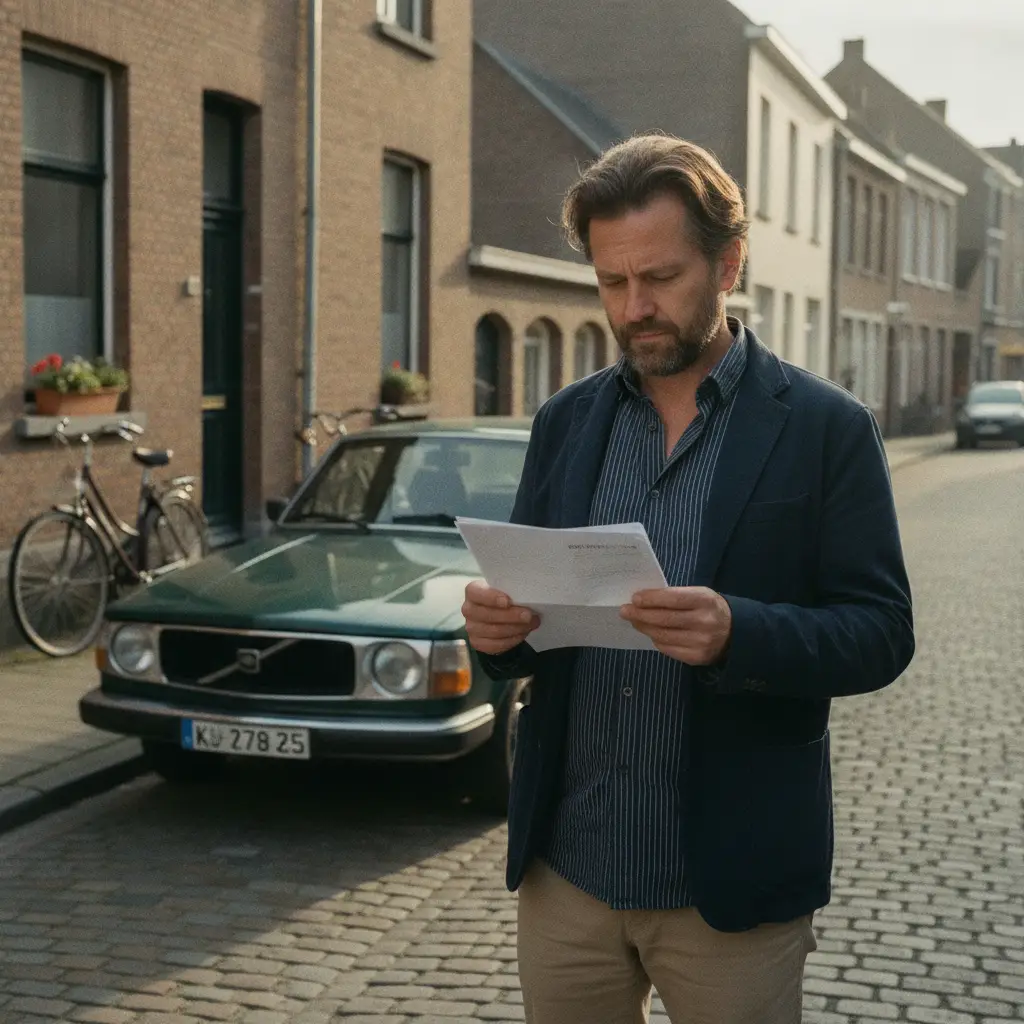 Automobiliste belge lisant une lettre de taxe de circulation devant sa voiture garee dans la rue