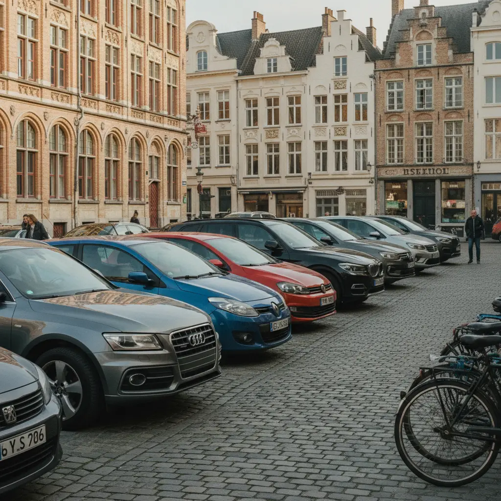 Voitures populaires garees dans une rue belge, scene urbaine europeenne