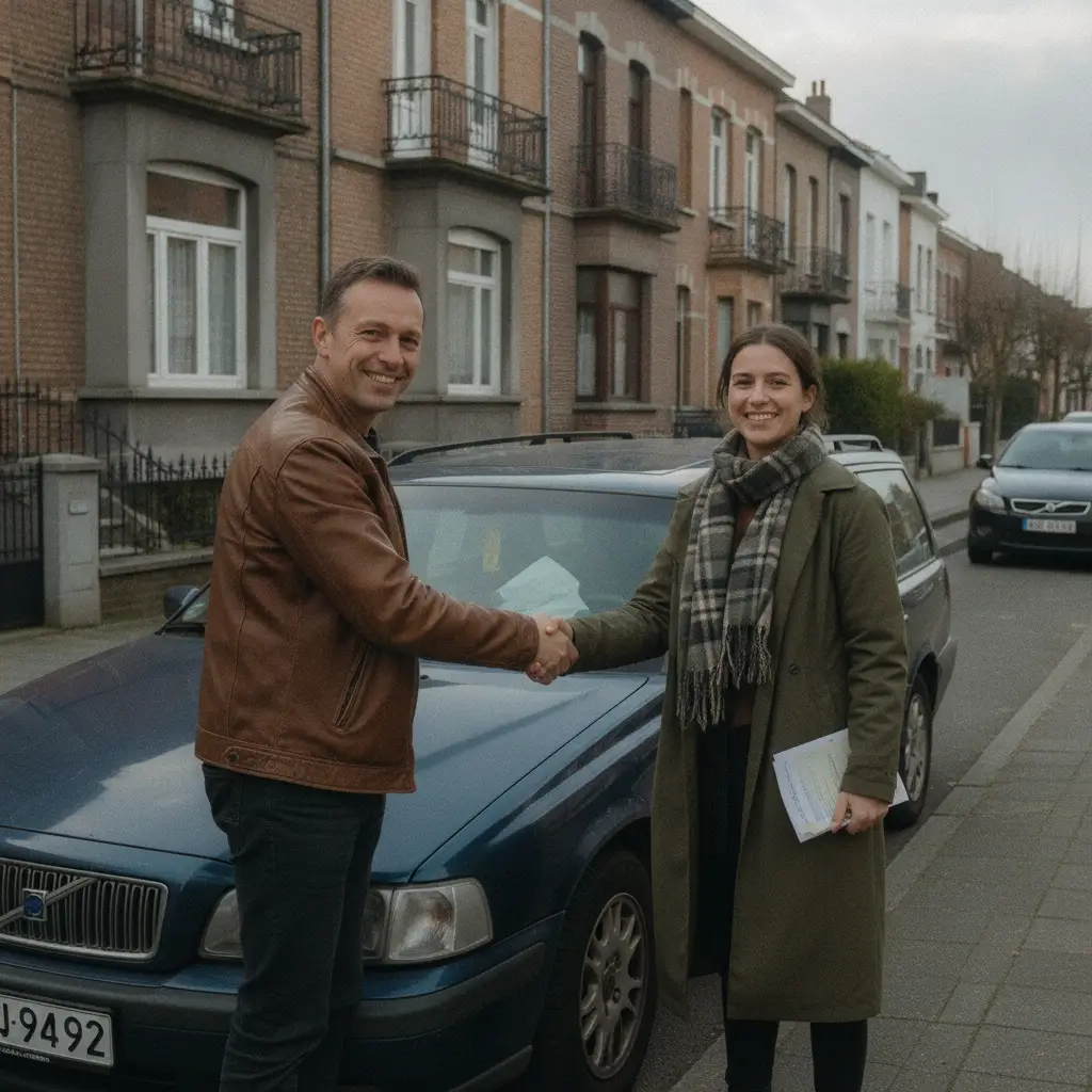 Deux particuliers se serrant la main devant une voiture d'occasion lors d'une vente sans TVA