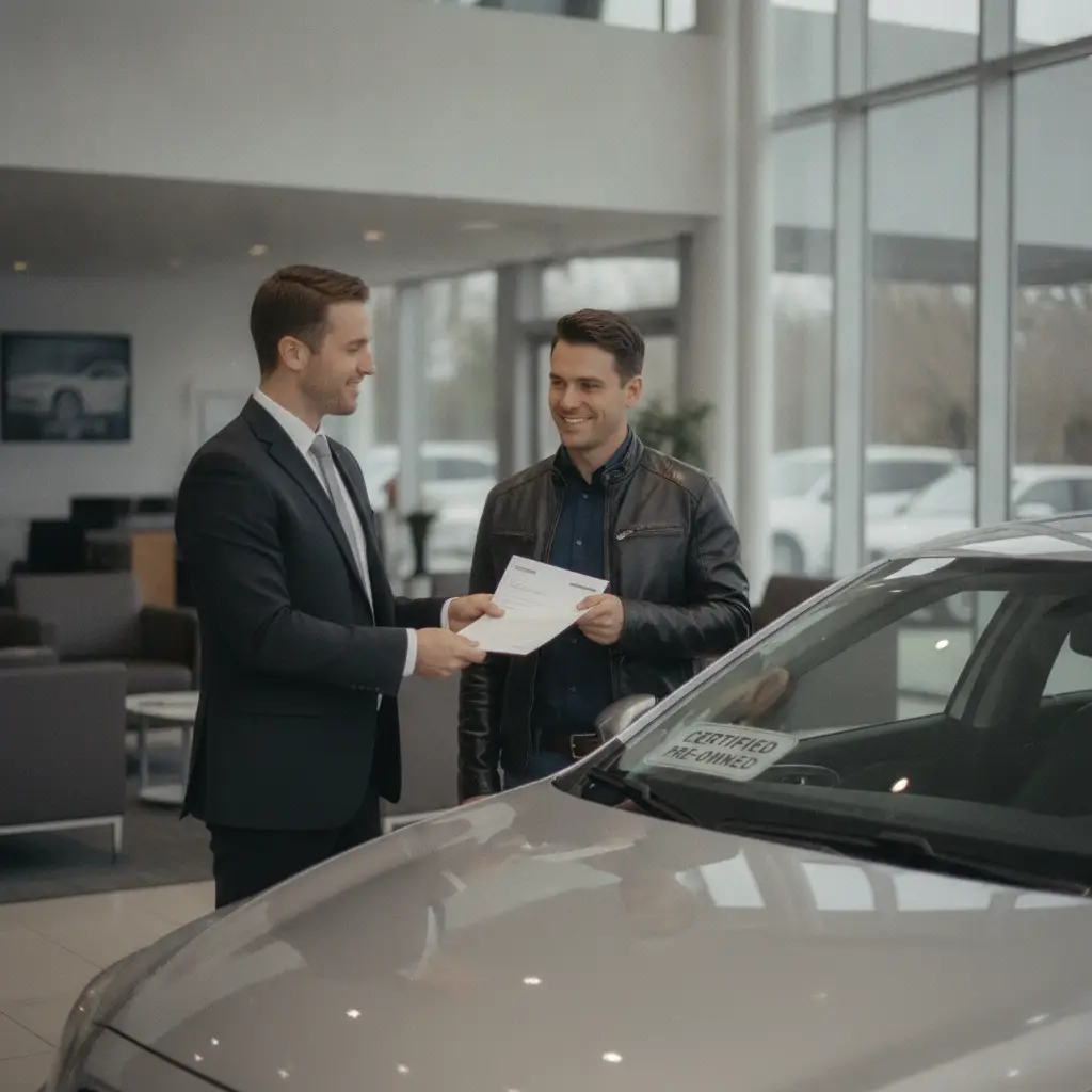 Vendeur professionnel remettant une facture avec TVA a un client dans un showroom automobile