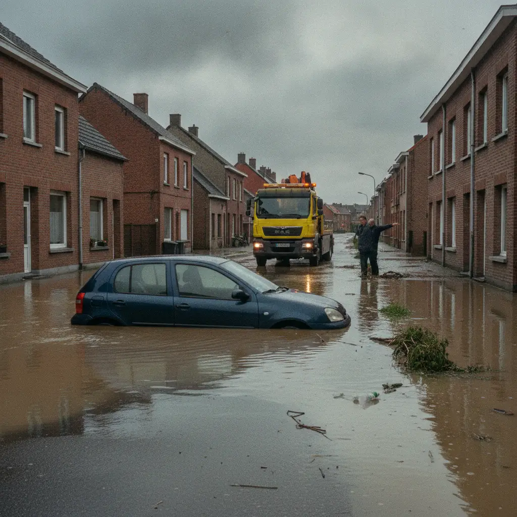 Voiture immergee dans une rue inondee en Belgique en attente d'enlevement par depanneuse