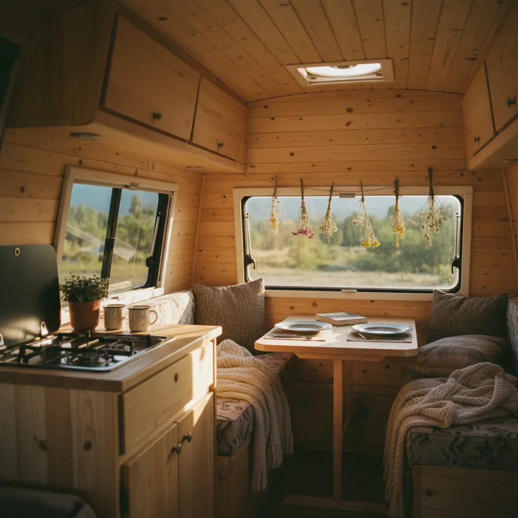Interieur chaleureux d'un van amenage avec boiseries, petite cuisine et lumiere doree filtrant par les fenetres