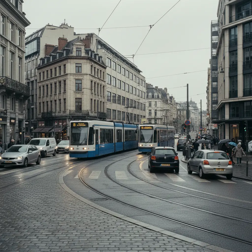 Carrefour bruxellois avec circulation de voitures et trams en milieu urbain