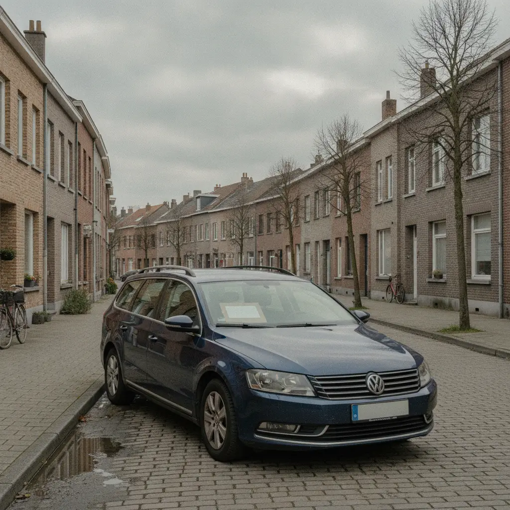Voiture d'occasion garee dans une rue residentielle belge avec un panneau a vendre visible dans le pare-brise