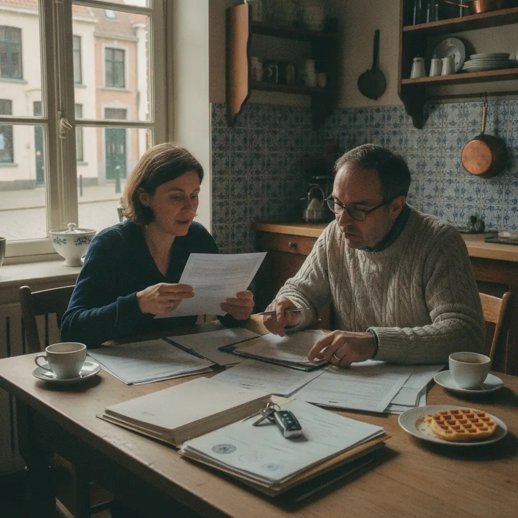 Deux heritiers assis a une table examinant ensemble les documents et les cles d'une voiture