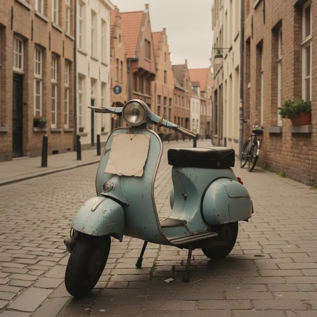 Scooter garé sur un trottoir bruxellois, annonce de vente